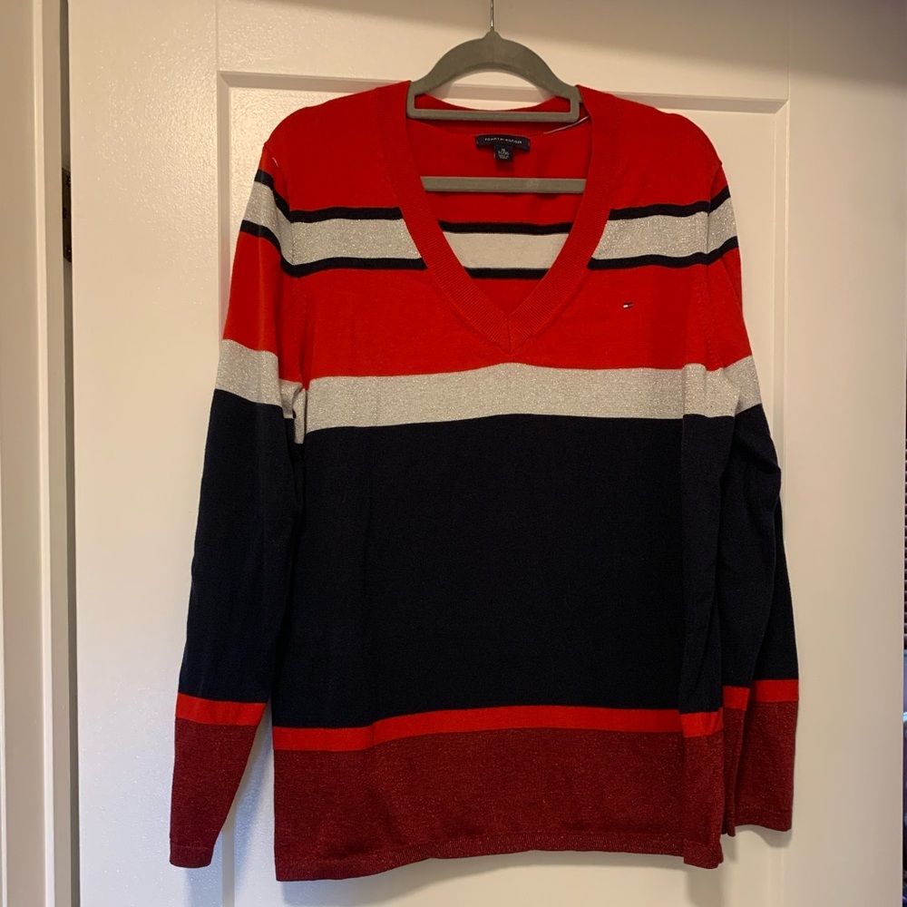 Tommy Hilfiger XL Women’s V-Neck Sweater in Red, White, and Navy